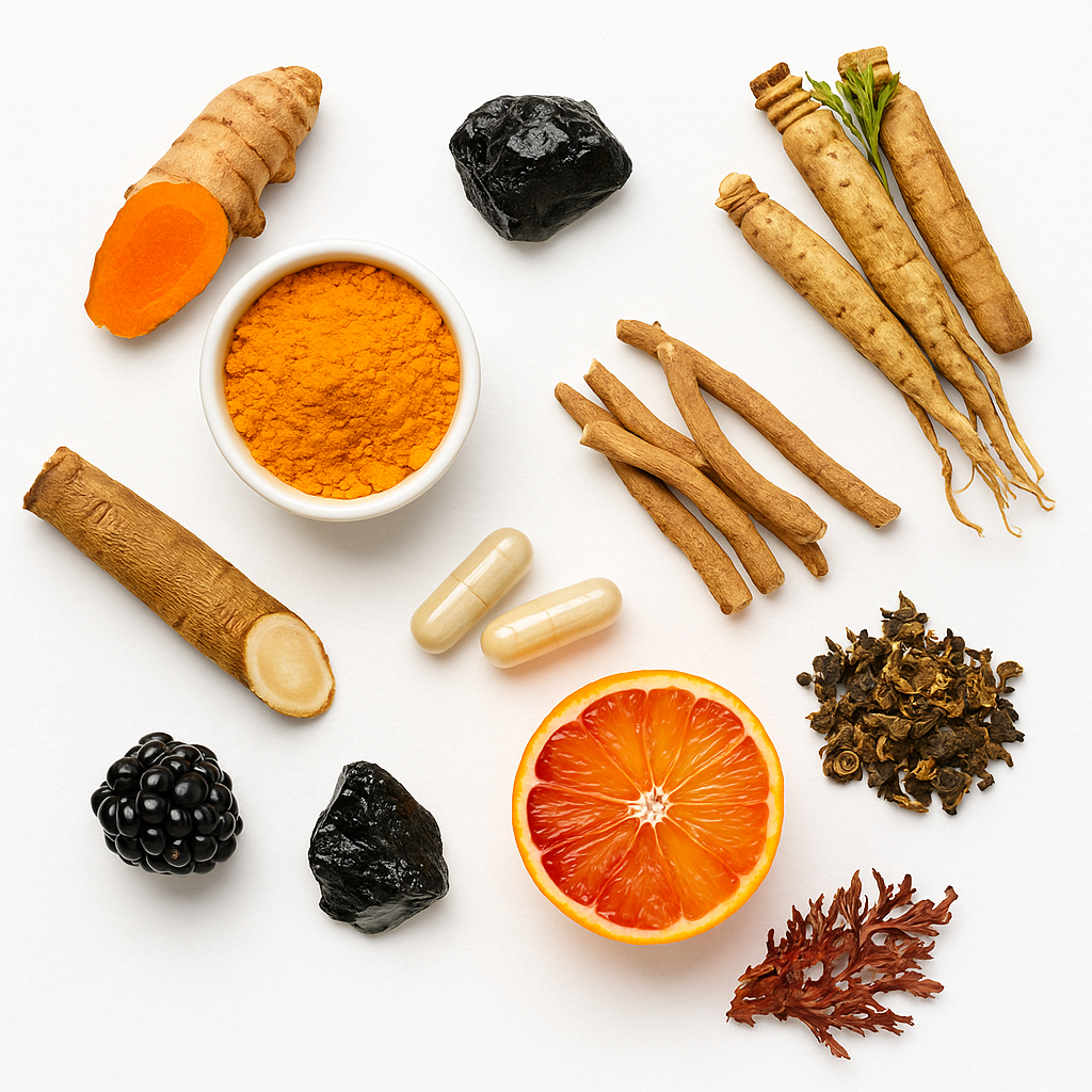 MuscleMax natural testosterone booster ingredients including Shilajit, Sea Moss, Ashwagandha, Ginseng, Turmeric, Rhodiola, Burdock Root, and Vitamins