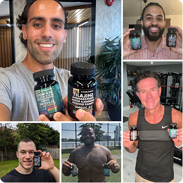 Men showing results and holding MuscleMax natural testosterone booster supplements